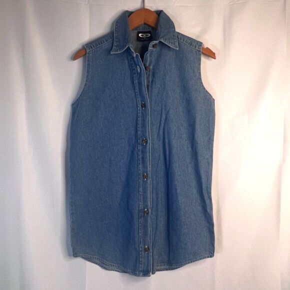 Three Rivers Denim Blue Sleeveless Button Front Cotton Denim Shirt Size Small - Picture 9 of 9